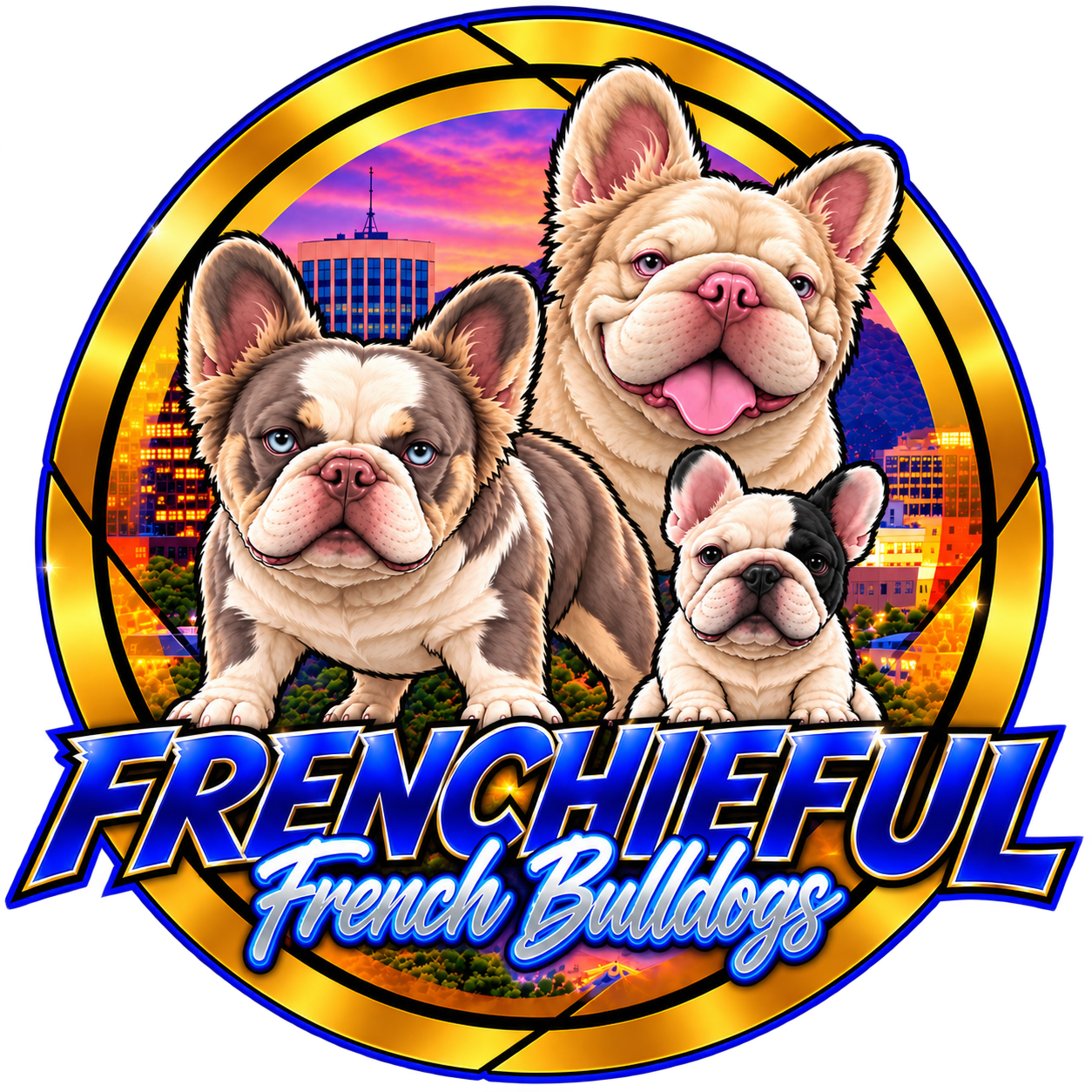 Frenchieful French Bulldogs logo: three French bulldogs in front of a sunset city skyline inside a gold ring